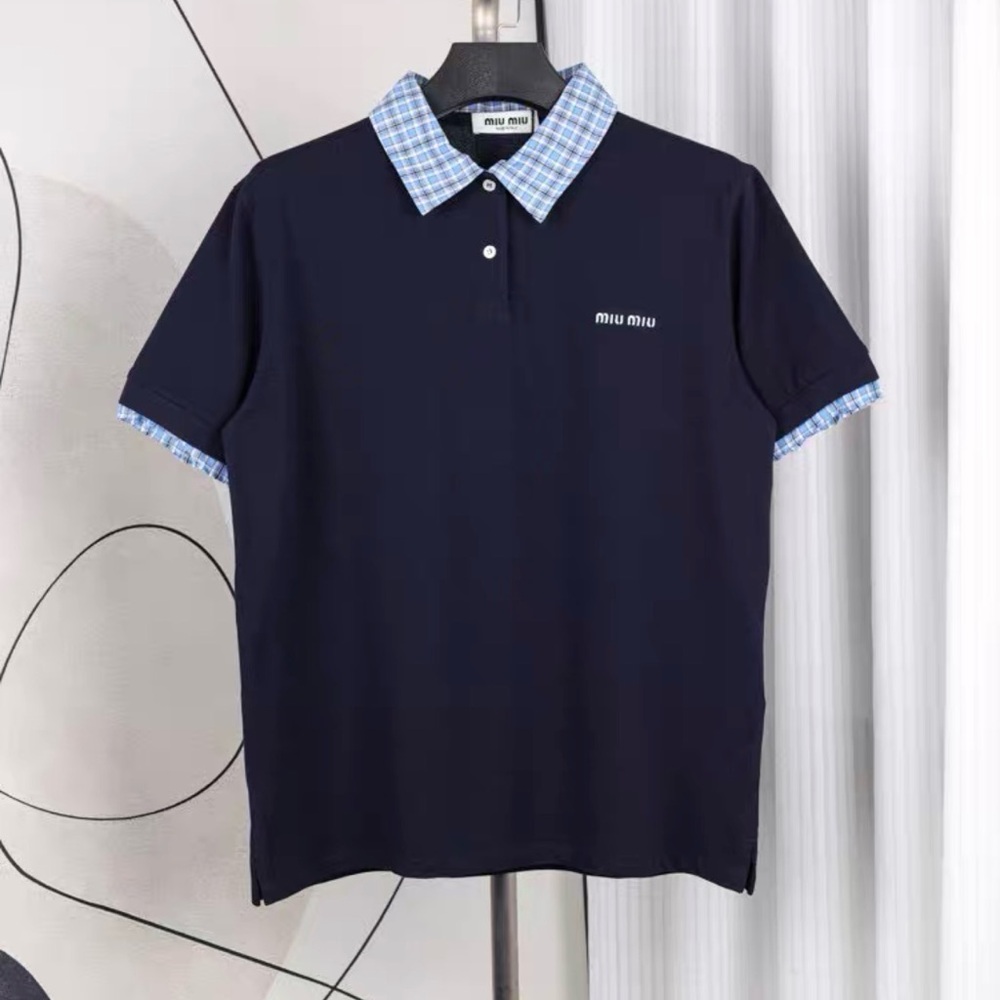 Miu Miu Dark Blue Polo with Checkered Collar